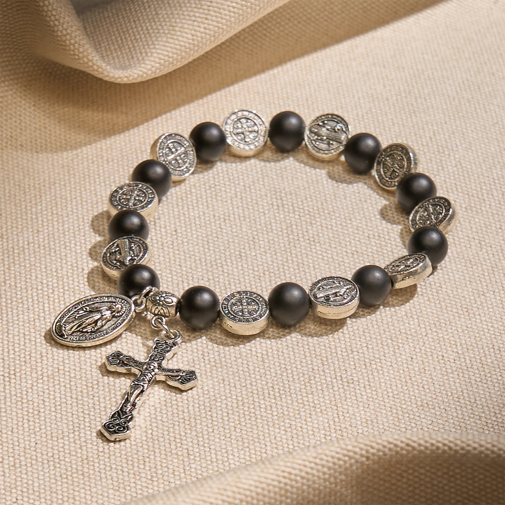 Christianartworkshop Pulsera de ágata negra natural con medalla de San Benito y colgante de la Virgen María: Divine Faith Artistry - image 1