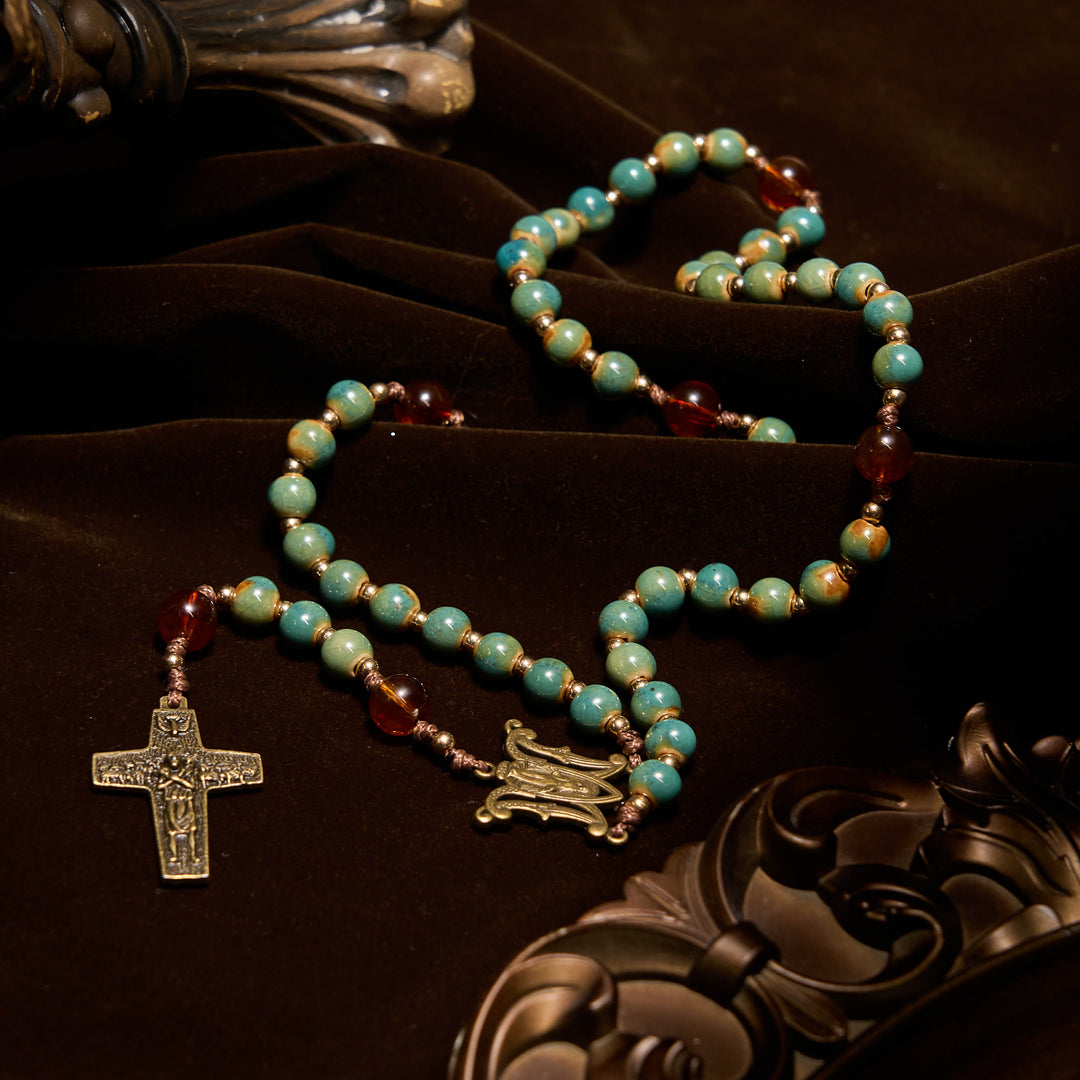 Christianartworkshop Rosario de cerámica verde hecho a mano con medalla milagrosa y cuentas de ámbar: Siente la gracia de la fe. - image 5