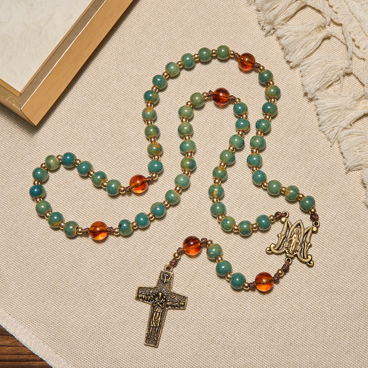 Christianartworkshop FE EN LA ORACIÓN: Rosario de cerámica verde hecho a mano con cuentas de ámbar. - image 2
