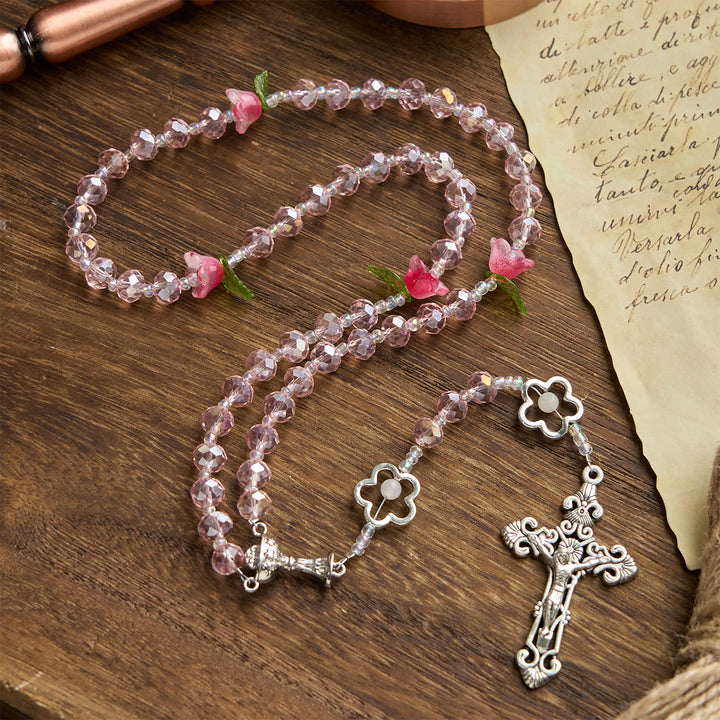 Christianartworkshop Jesús es el regalo: Rosario elegante de cristal rosa hecho a mano con cuentas de rosas en 3D y tarjeta de regalo. - image 4