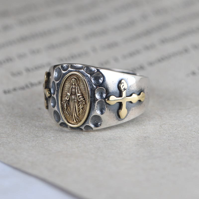 Christianartworkshop Anillo religioso con insignia de bendición de la Virgen María de estilo retro en plata de ley 925. - image 1