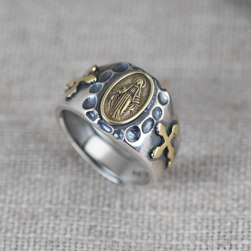 Christianartworkshop Anillo religioso con insignia de bendición de la Virgen María de estilo retro en plata de ley 925. - Adecuado para tallas estadounidenses 10.5-11.5 - image 0