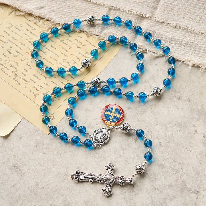 Christianartworkshop Rosario con crucifijo hecho a mano de cristal azul transparente con medalla esmaltada de San Benito y la Medalla Milagrosa. - image 2