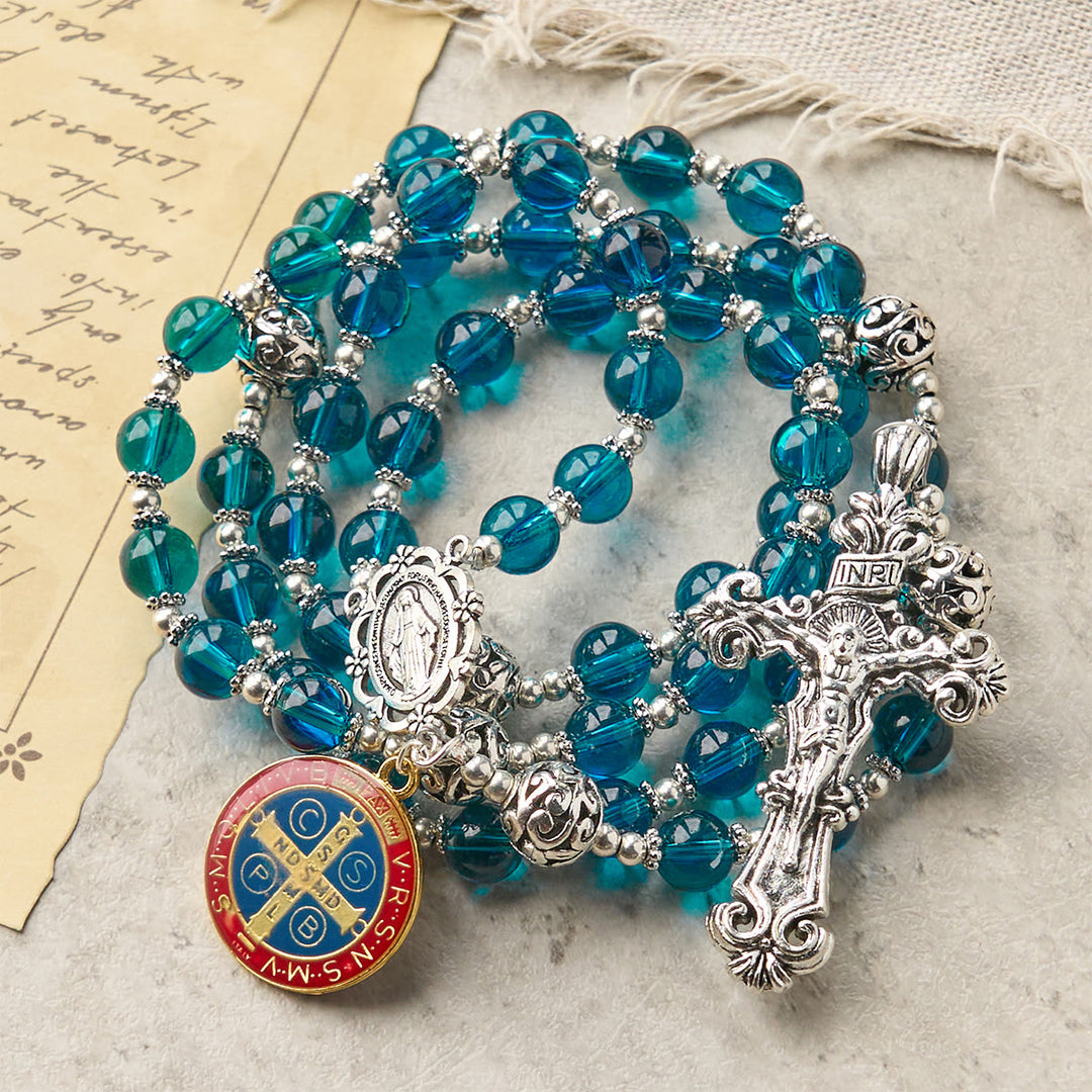 Christianartworkshop Rosario con crucifijo hecho a mano de cristal azul transparente con medalla esmaltada de San Benito y la Medalla Milagrosa. - image 4