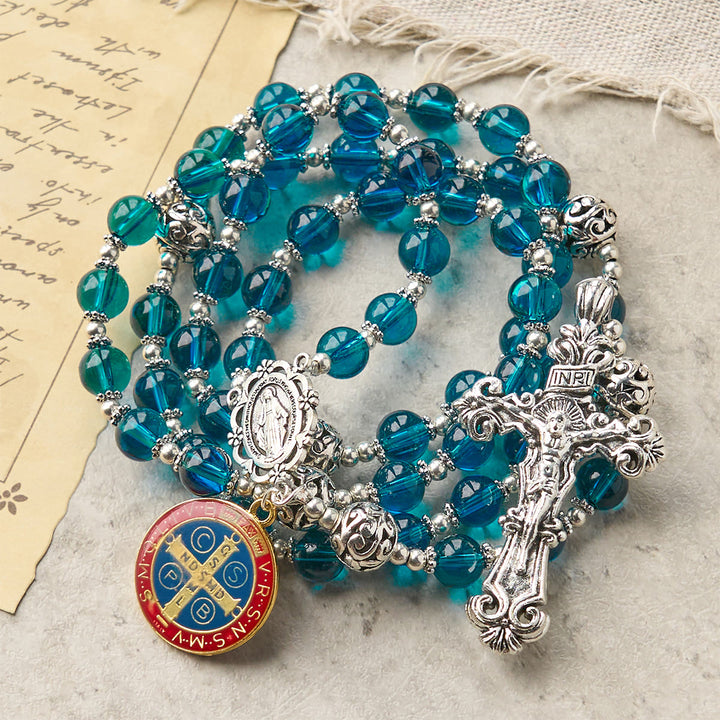 Christianartworkshop Rosario con crucifijo hecho a mano de cristal azul transparente con medalla esmaltada de San Benito y la Medalla Milagrosa. - image 4