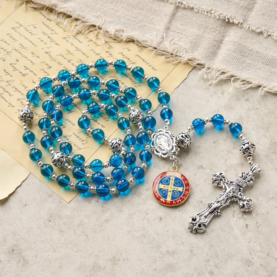Christianartworkshop Rosario con crucifijo hecho a mano de cristal azul transparente con medalla esmaltada de San Benito y la Medalla Milagrosa. - Azul - image 1