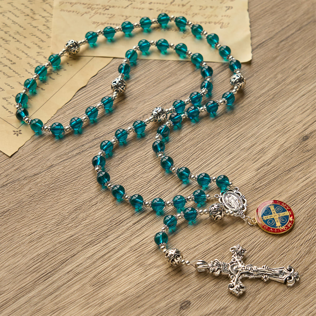 Christianartworkshop Rosario con crucifijo hecho a mano de cristal azul transparente con medalla esmaltada de San Benito y la Medalla Milagrosa. - image 6