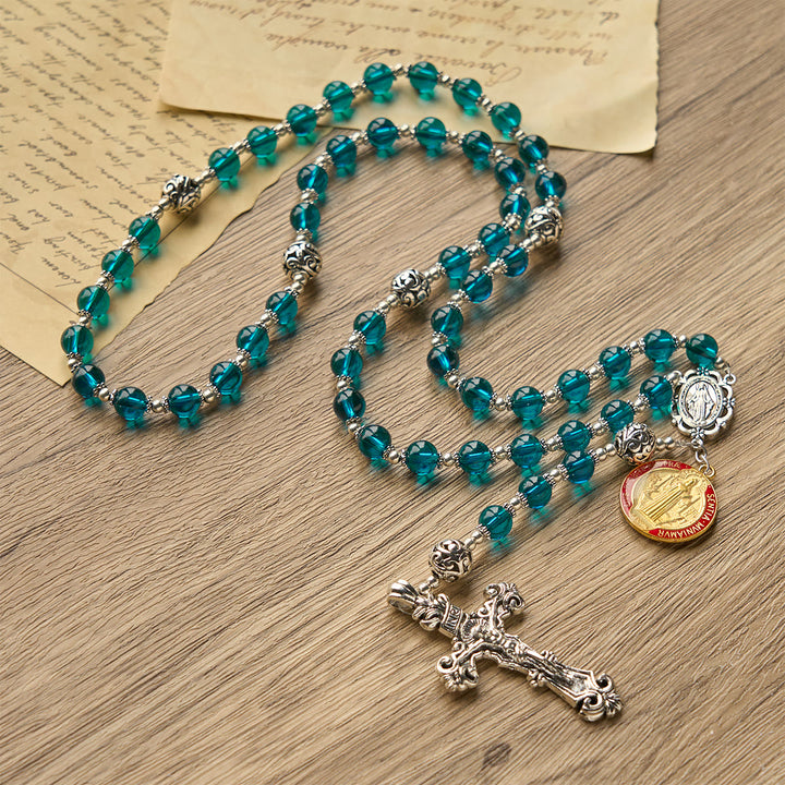 Christianartworkshop Rosario con crucifijo hecho a mano de cristal azul transparente con medalla esmaltada de San Benito y la Medalla Milagrosa. - image 7