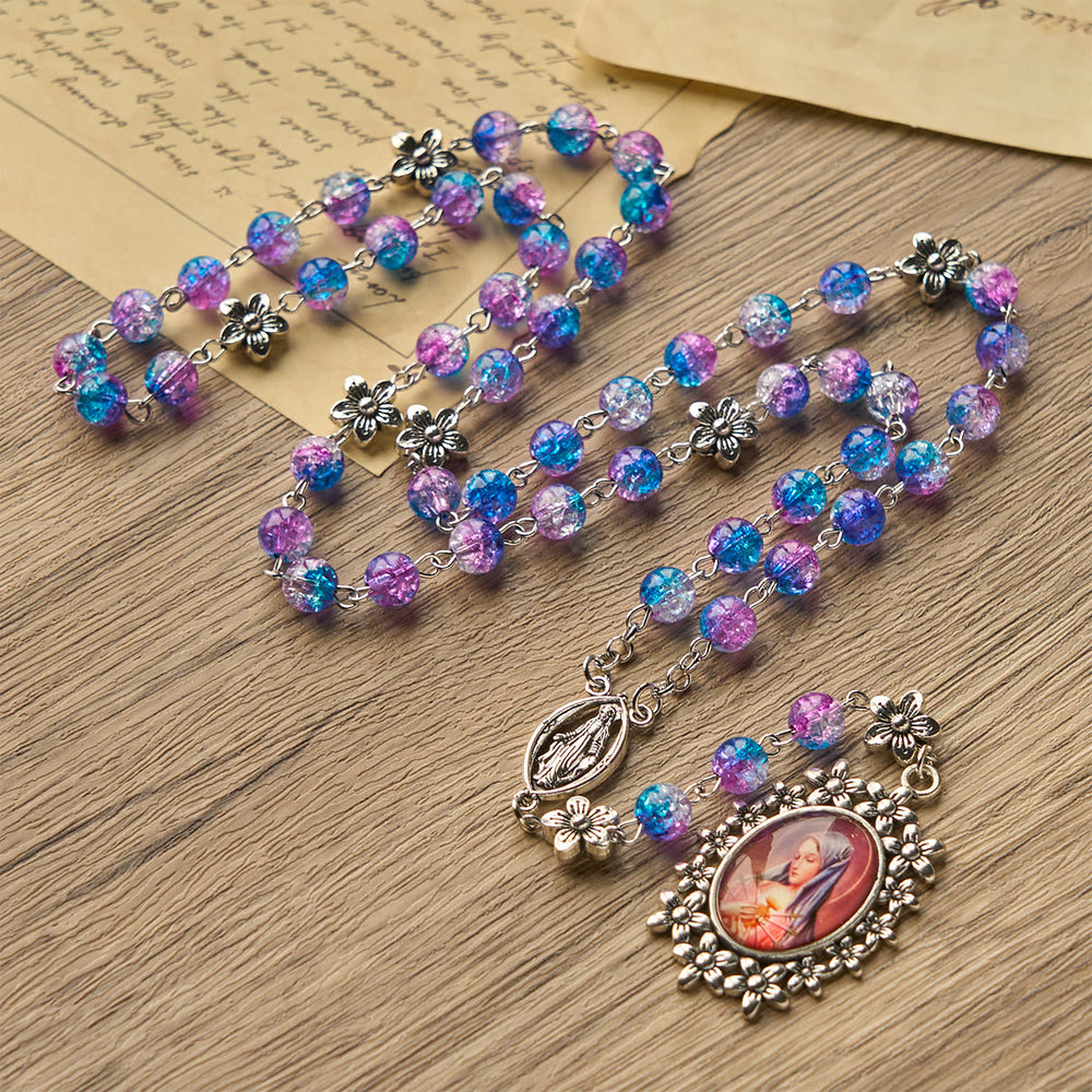 Christianartworkshop Rosario redondo azul-púrpura degradado de 8 mm con siete dolores y colgante de Nuestra Señora de los Dolores tallado con motivos florales. - image 1