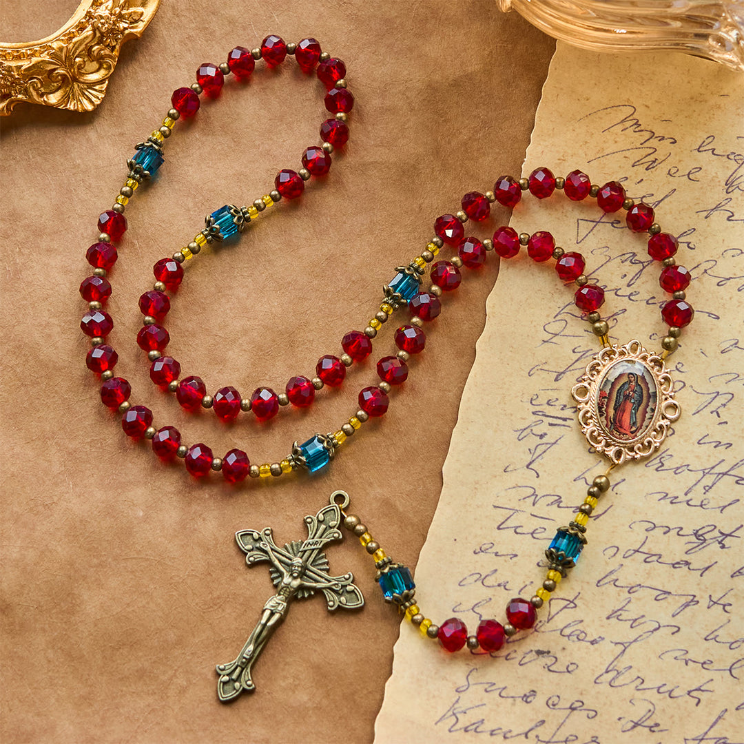 Christianartworkshop Rosario crucifijo de Nuestra Señora de Guadalupe hecho a mano con cristal rojo bohemio checo - image 3