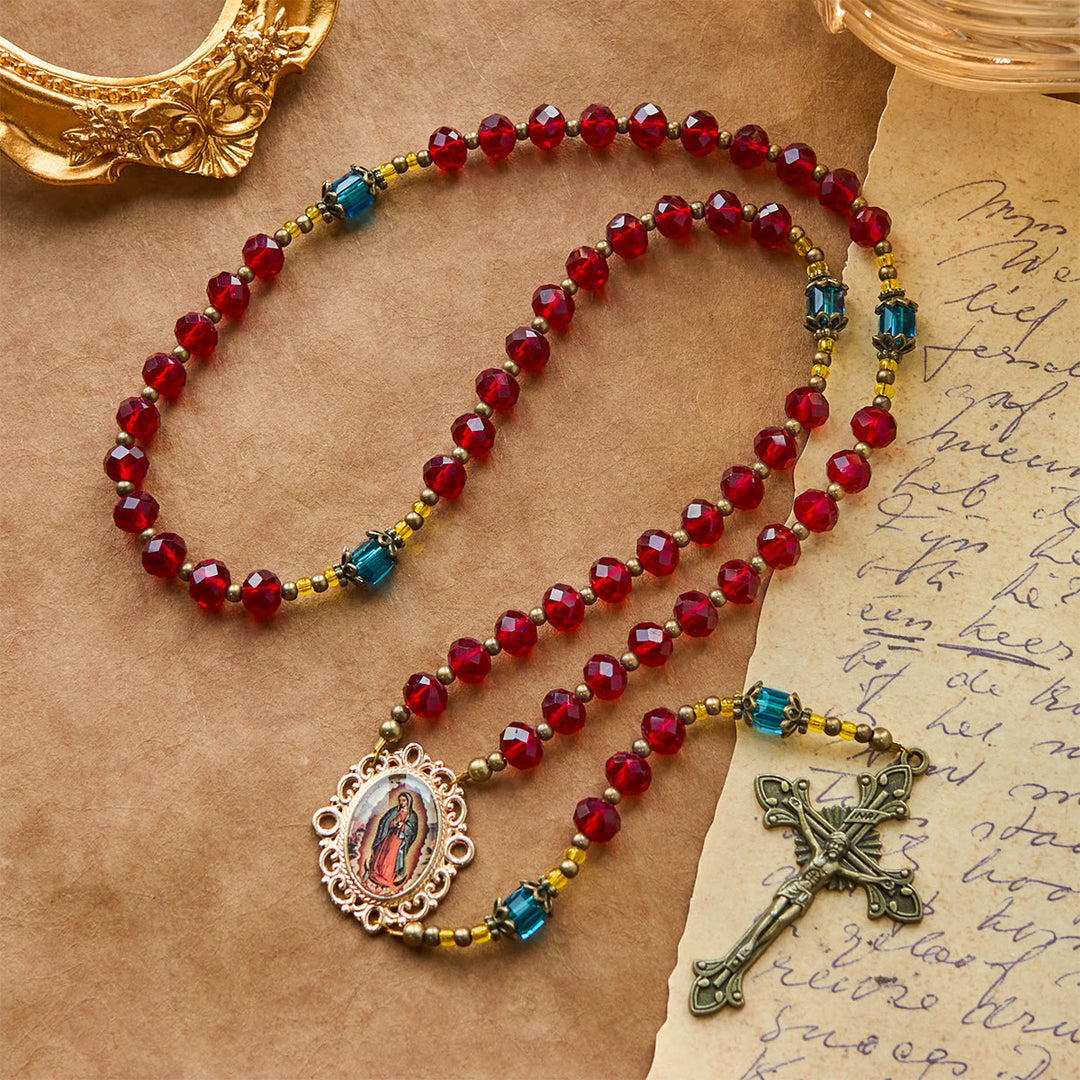 Christianartworkshop Rosario crucifijo de Nuestra Señora de Guadalupe hecho a mano con cristal rojo bohemio checo - image 5