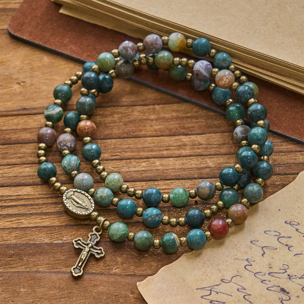 Christianartworkshop Rosario y pulsera con cuentas redondas multicolores en tonos tierra, medalla milagrosa de bronce y crucifijo. - image 1