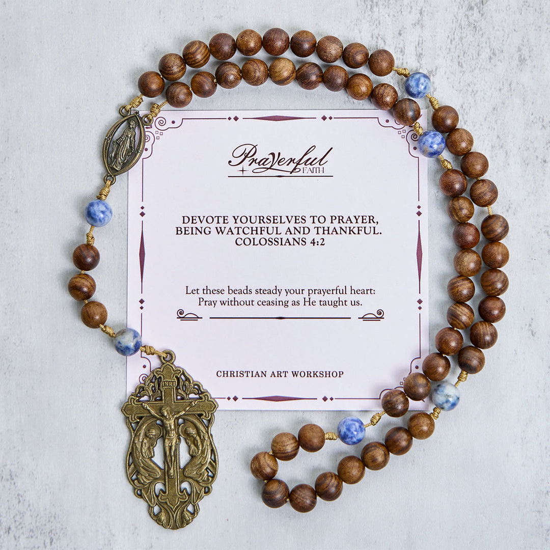 Christianartworkshop FE EN LA ORACIÓN: Rosario de devoción bendecido con cuentas de madera y cerámica y tarjeta de regalo. - FE EN ORACIÓN - image 0