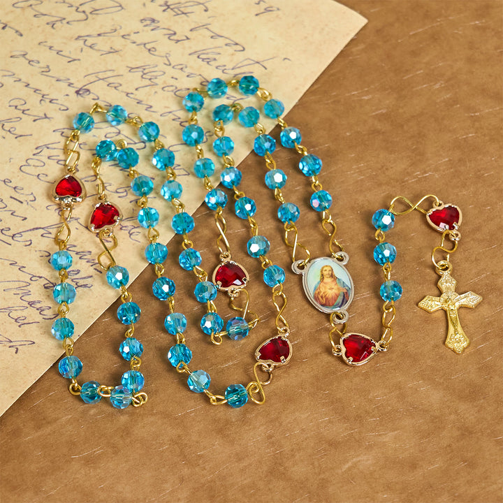 Christianartworkshop Rosario con cadena de aleación de vidrio azul y crucifijo del Sagrado Corazón de Jesús de 6 mm - image 1