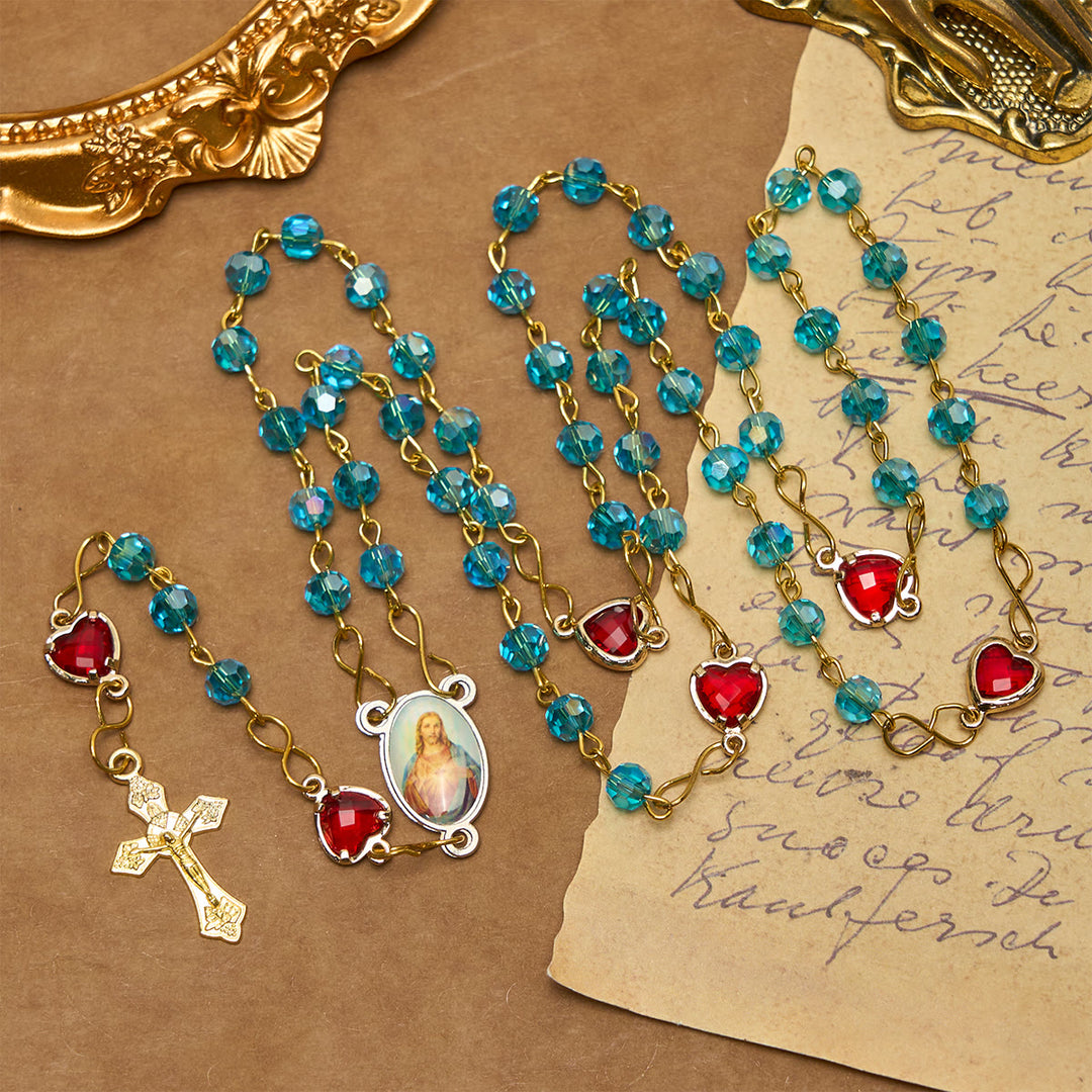 Christianartworkshop Rosario con cadena de aleación de vidrio azul y crucifijo del Sagrado Corazón de Jesús de 6 mm - Sagrado Corazón de Jesús y Crucifijo - image 0