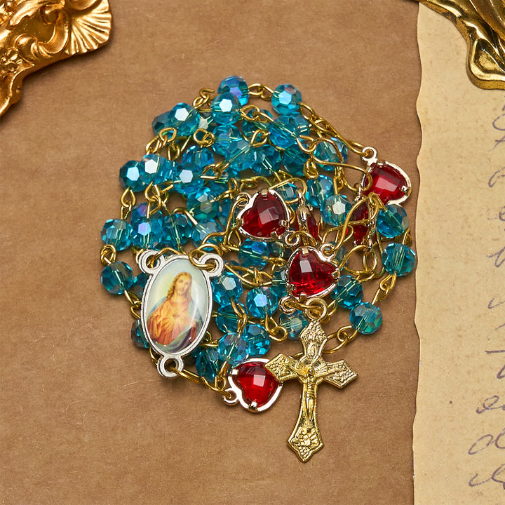Christianartworkshop Rosario con cadena de aleación de vidrio azul y crucifijo del Sagrado Corazón de Jesús de 6 mm - image 6