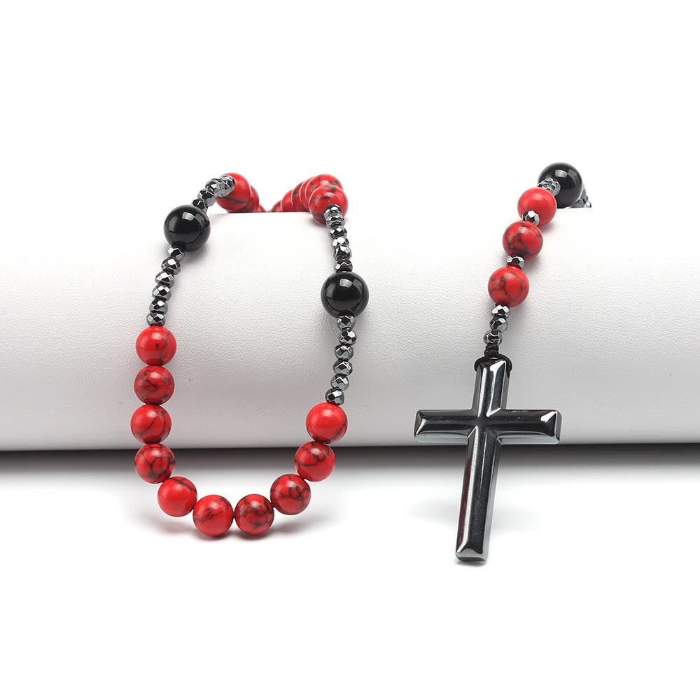 Christianartworkshop Rosario de turquesa roja natural y ágata negra con cruz: Para la oración fiel - image 1