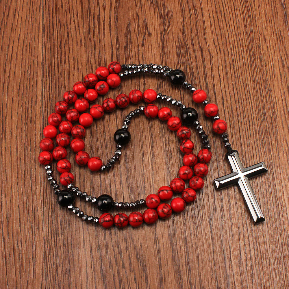 Christianartworkshop Rosario de turquesa roja natural y ágata negra con cruz: Para la oración fiel - Rojo - image 0
