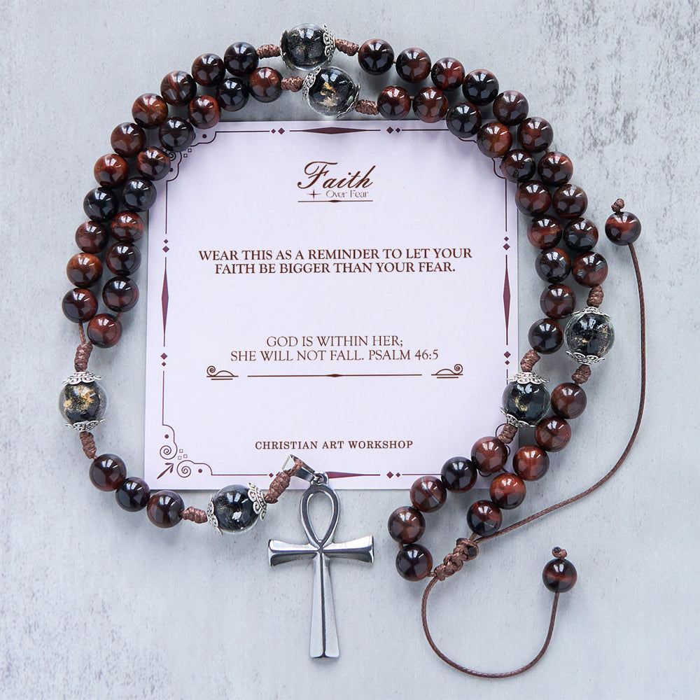 Christianartworkshop FE EN LA ORACIÓN: Rosario y collar de cuentas de madera hechos a mano 2 en 1 con tarjeta de regalo. - LA FE SOBRE EL MIEDO - image 1