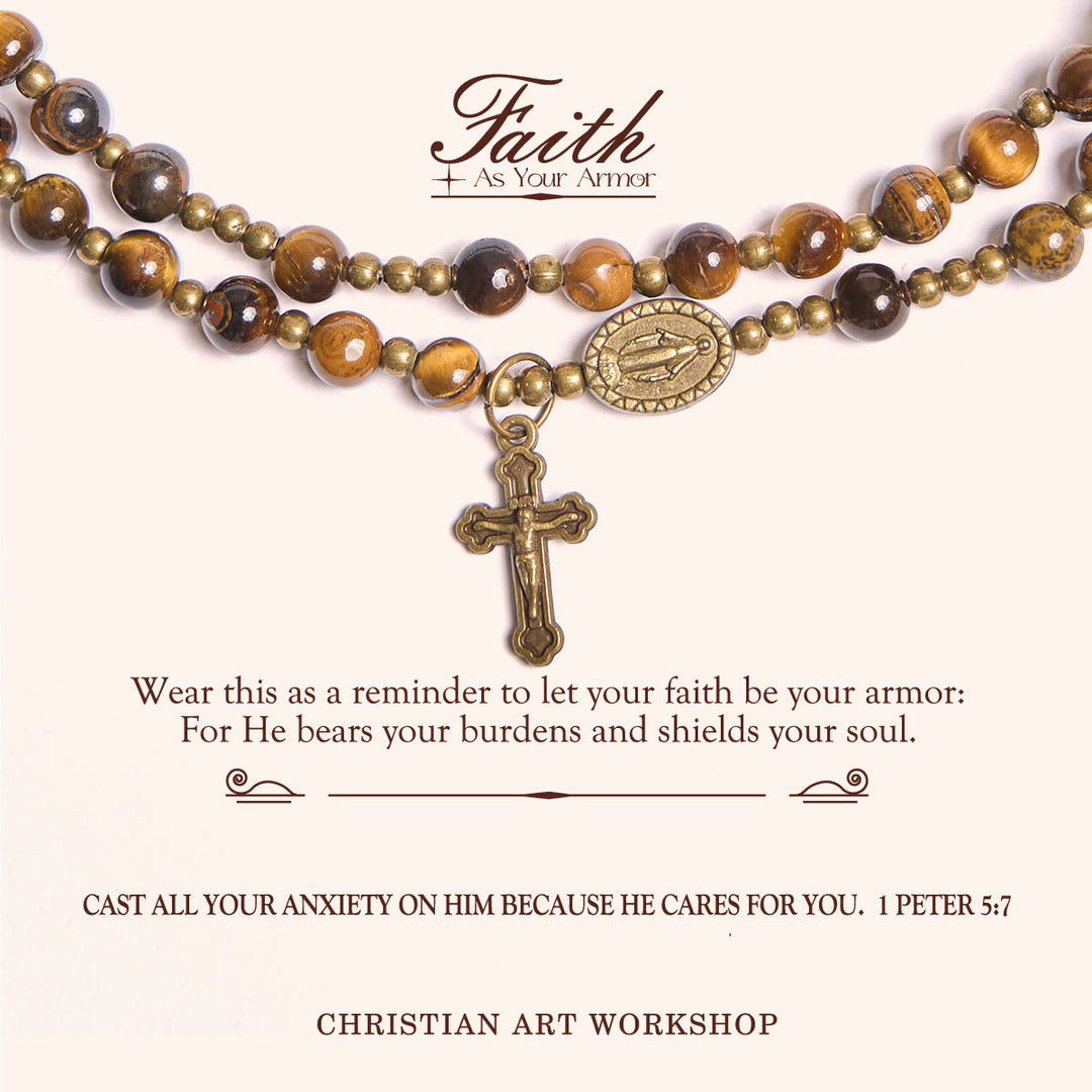 Christianartworkshop FE EN LA ORACIÓN: Pulsera de rosario elástica hecha a mano con piedra ojo de tigre - FE EN ORACIÓN - image 0