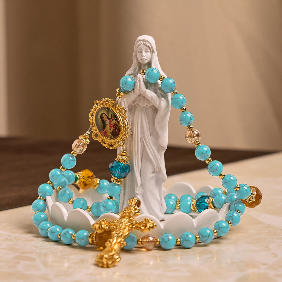 Christianartworkshop Rosario artesanal de turquesa y aleación de oro con crucifijo y medalla de Santa Teresa: Un vínculo espiritual lleno de gracia. - image 7
