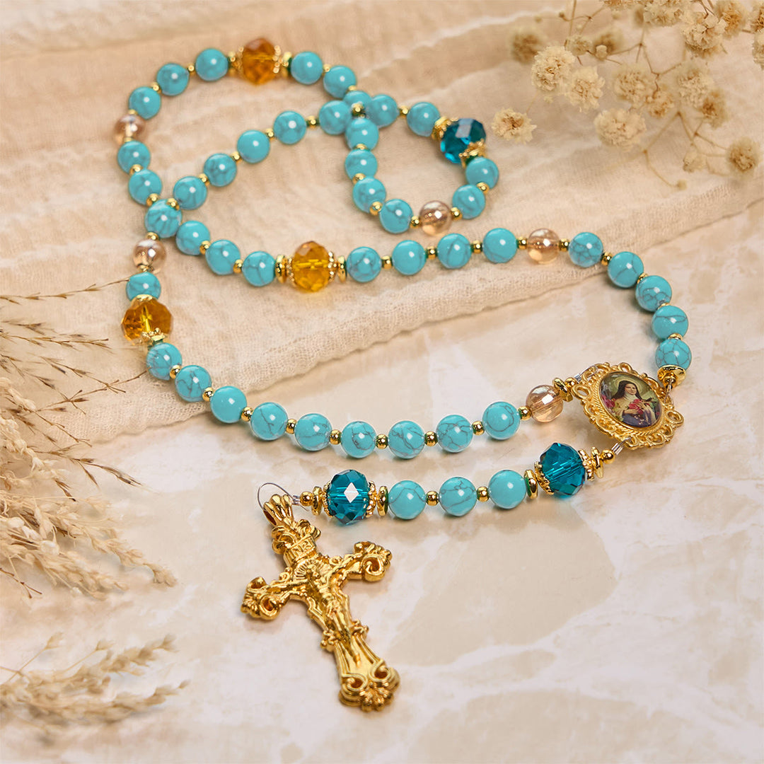 Christianartworkshop Rosario artesanal de turquesa y aleación de oro con crucifijo y medalla de Santa Teresa: Un vínculo espiritual lleno de gracia. - image 8