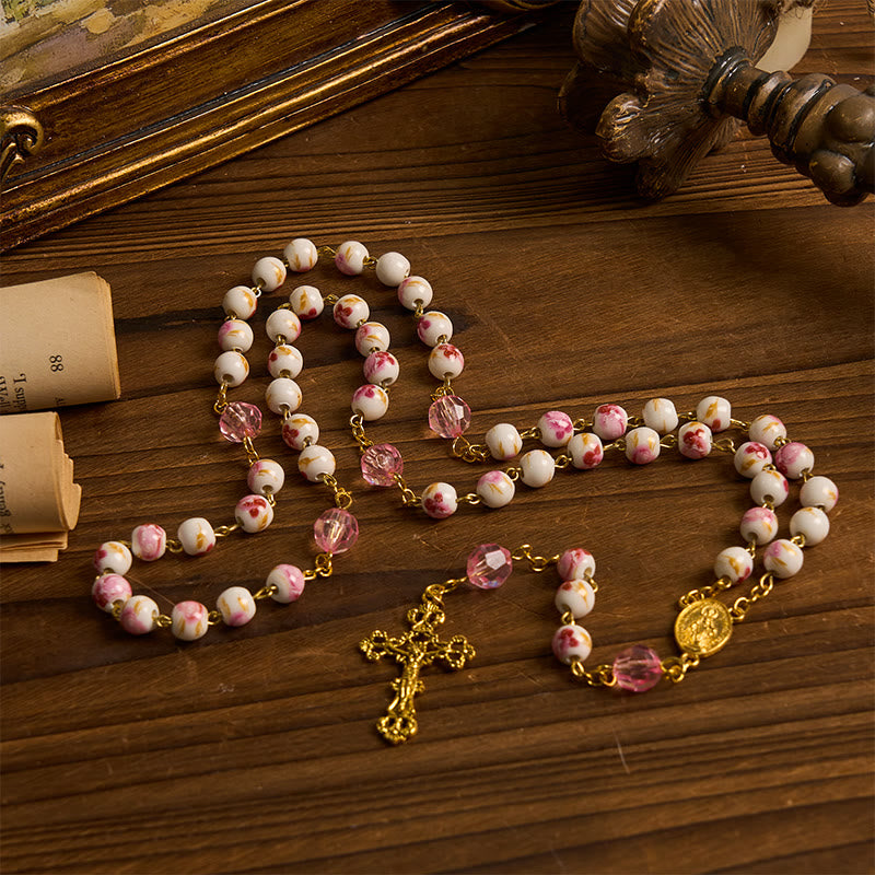 Christianartworkshop Medalla milagrosa y crucifijo de 8 mm, redondos, de cerámica rosa con diseño floral, cadena de rosario - image 10