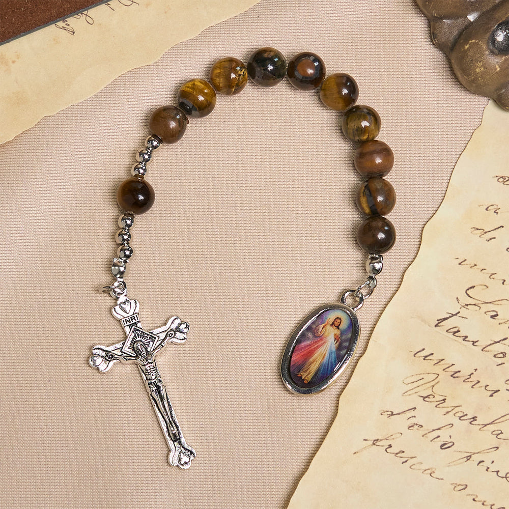Christianartworkshop Rosario de bolsillo compacto de ojo de tigre con crucifijo y Divina Misericordia para las oraciones diarias. - image 1