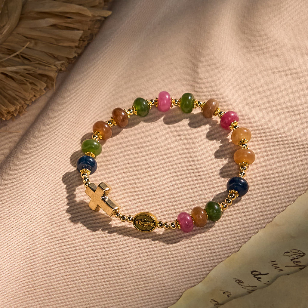 Christianartworkshop Pulsera de cuentas de turmalina con ábaco, cruz y medalla milagrosa. - Circunferencia de la muñeca: 5,91''-7,08''/15-18 cm - image 0