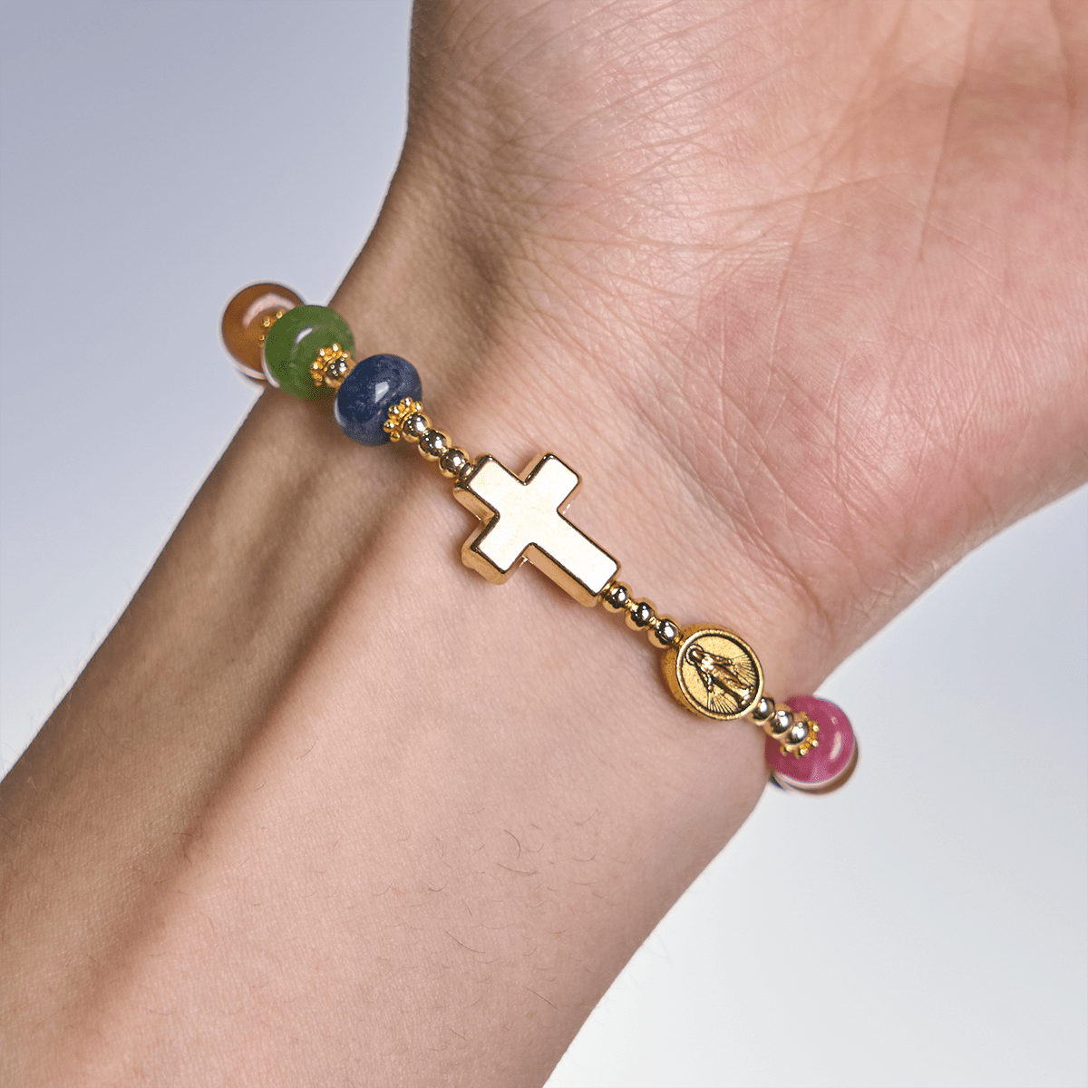 Christianartworkshop Pulsera de cuentas de turmalina con ábaco, cruz y medalla milagrosa. - image 1