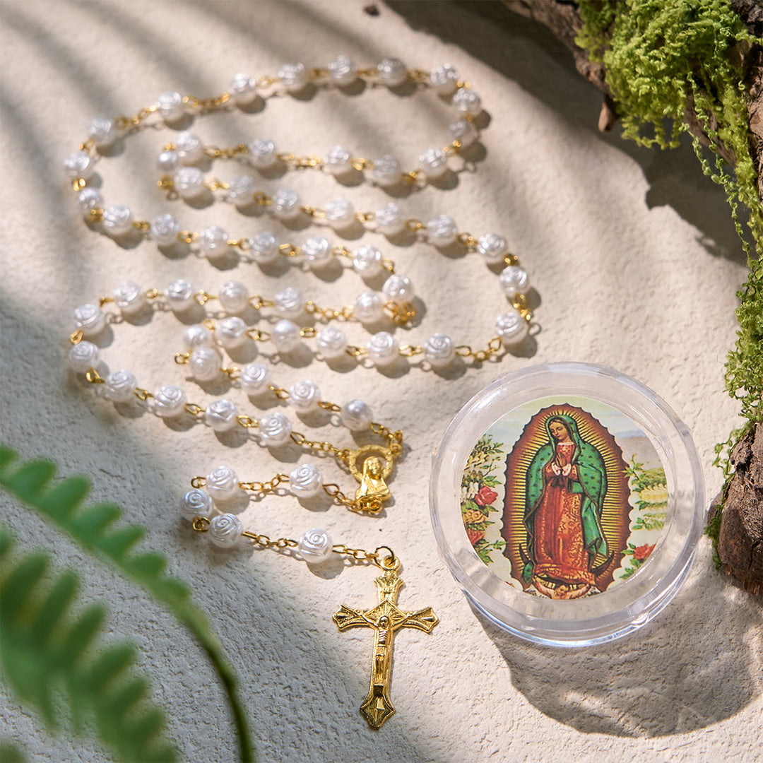 Christianartworkshop Elegante rosario devocional de rosas blancas con caja de la Virgen María para bendiciones. - Dorado - image 0