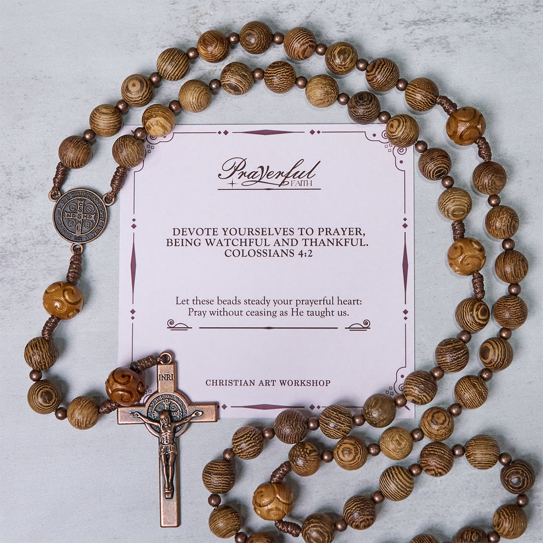 Christianartworkshop FE EN LA ORACIÓN: Rosario Divino de Madera de Olivo con Medalla de San Benito y Crucifijo - FE EN ORACIÓN - image 0