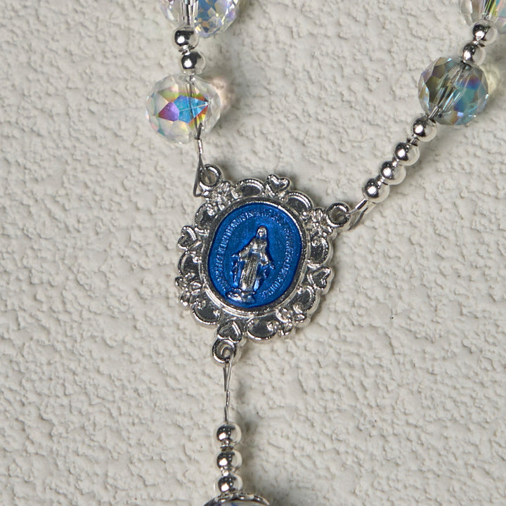Christianartworkshop Rosario de cristal brillante y cuentas florales azules con crucifijo esmaltado y Nuestra Señora - image 6
