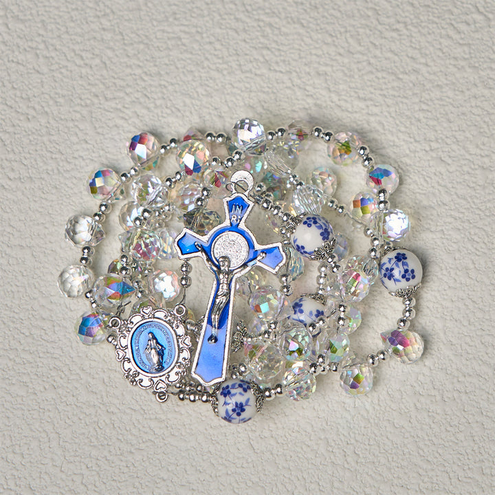 Christianartworkshop Rosario de cristal brillante y cuentas florales azules con crucifijo esmaltado y Nuestra Señora - image 10