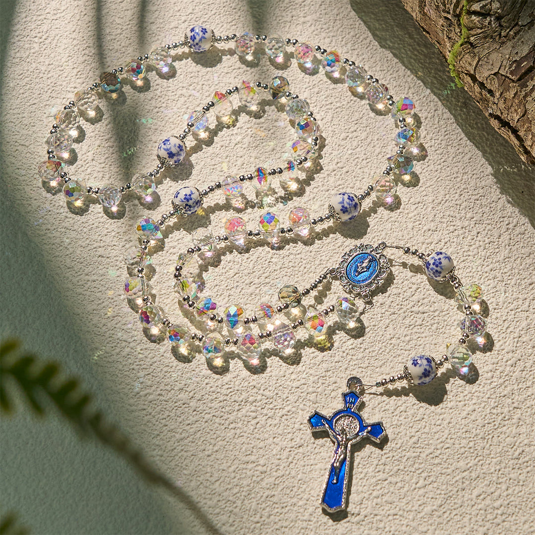 Christianartworkshop Rosario de cristal brillante y cuentas florales azules con crucifijo esmaltado y Nuestra Señora - image 1
