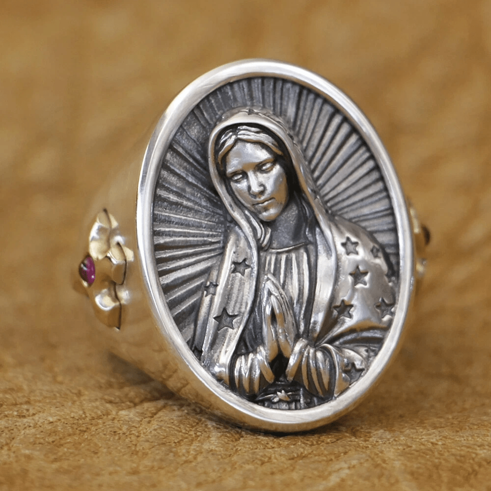 Christianartworkshop Anillo ovalado de la Virgen María en plata 925 con protección y oración divinas. - image 1