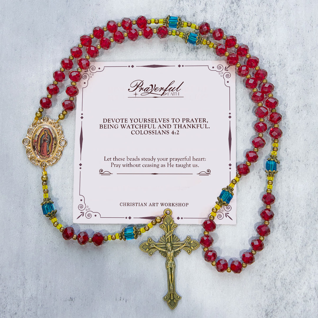 Christianartworkshop FE EN LA ORACIÓN: Rosario de cristal checo bohemio rojo hecho a mano con tarjeta de regalo. - FE EN ORACIÓN - image 0