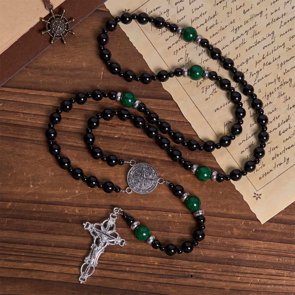Christianartworkshop FE EN LA ORACIÓN: Rosario de cuentas de obsidiana y jade de 8 mm hecho a mano con San Benito y crucifijo. - image 5
