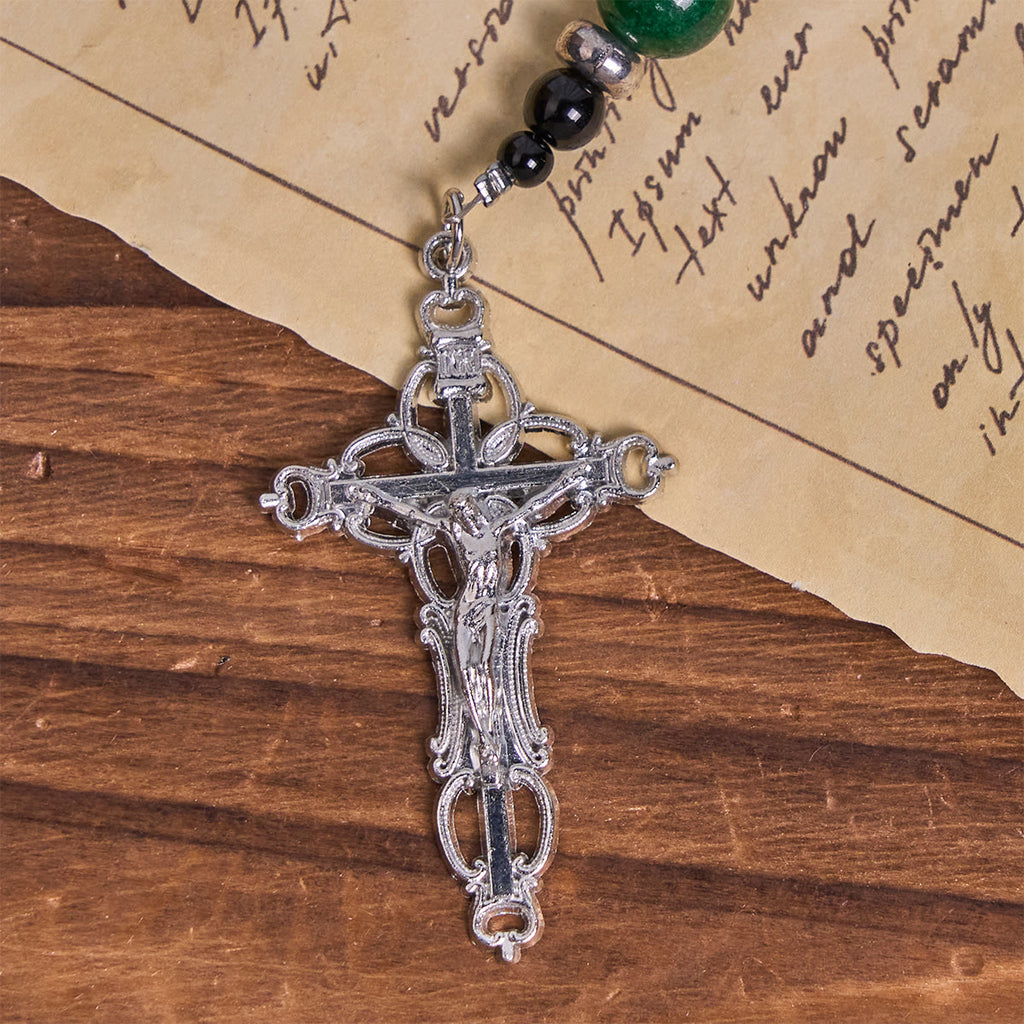 Christianartworkshop FE EN LA ORACIÓN: Rosario de cuentas de obsidiana y jade de 8 mm hecho a mano con San Benito y crucifijo. - image 13