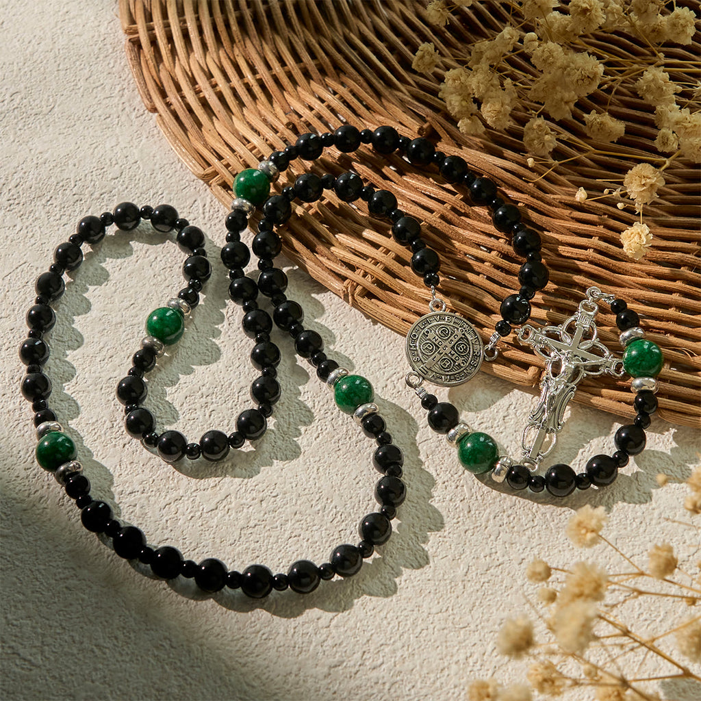 Christianartworkshop FE EN LA ORACIÓN: Rosario de cuentas de obsidiana y jade de 8 mm hecho a mano con San Benito y crucifijo. - image 3