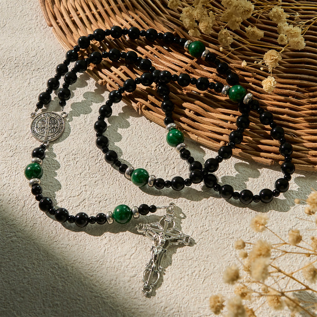 Christianartworkshop FE EN LA ORACIÓN: Rosario de cuentas de obsidiana y jade de 8 mm hecho a mano con San Benito y crucifijo. - image 15