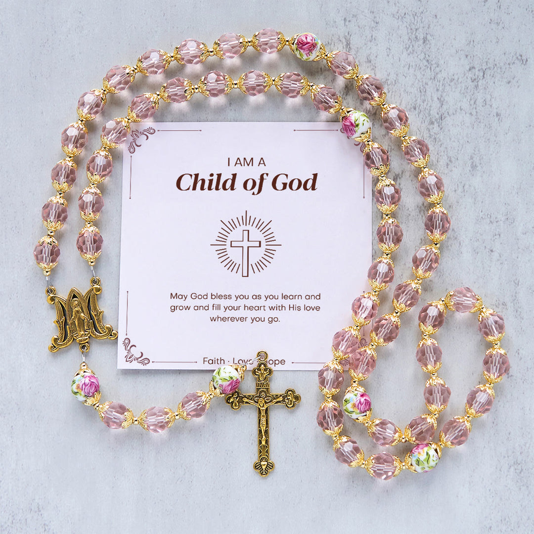 Christianartworkshop Jesús es el regalo: Crucifijo de cuentas de cristal rosa y rosario de la Virgen María con tarjeta de regalo. - Hijo de Dios - image 1