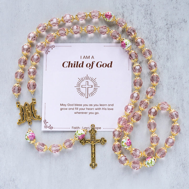 Christianartworkshop Jesús es el regalo: Crucifijo de cuentas de cristal rosa y rosario de la Virgen María con tarjeta de regalo. - Hijo de Dios - image 1