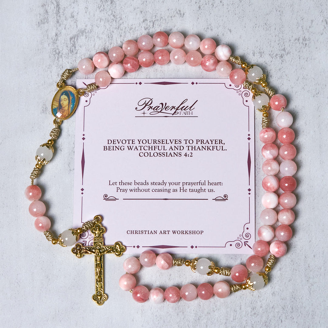 Christianartworkshop FE EN LA ORACIÓN: Rosario hecho a mano con cuentas rosas brillantes y tarjeta de regalo. - FE EN ORACIÓN - image 0