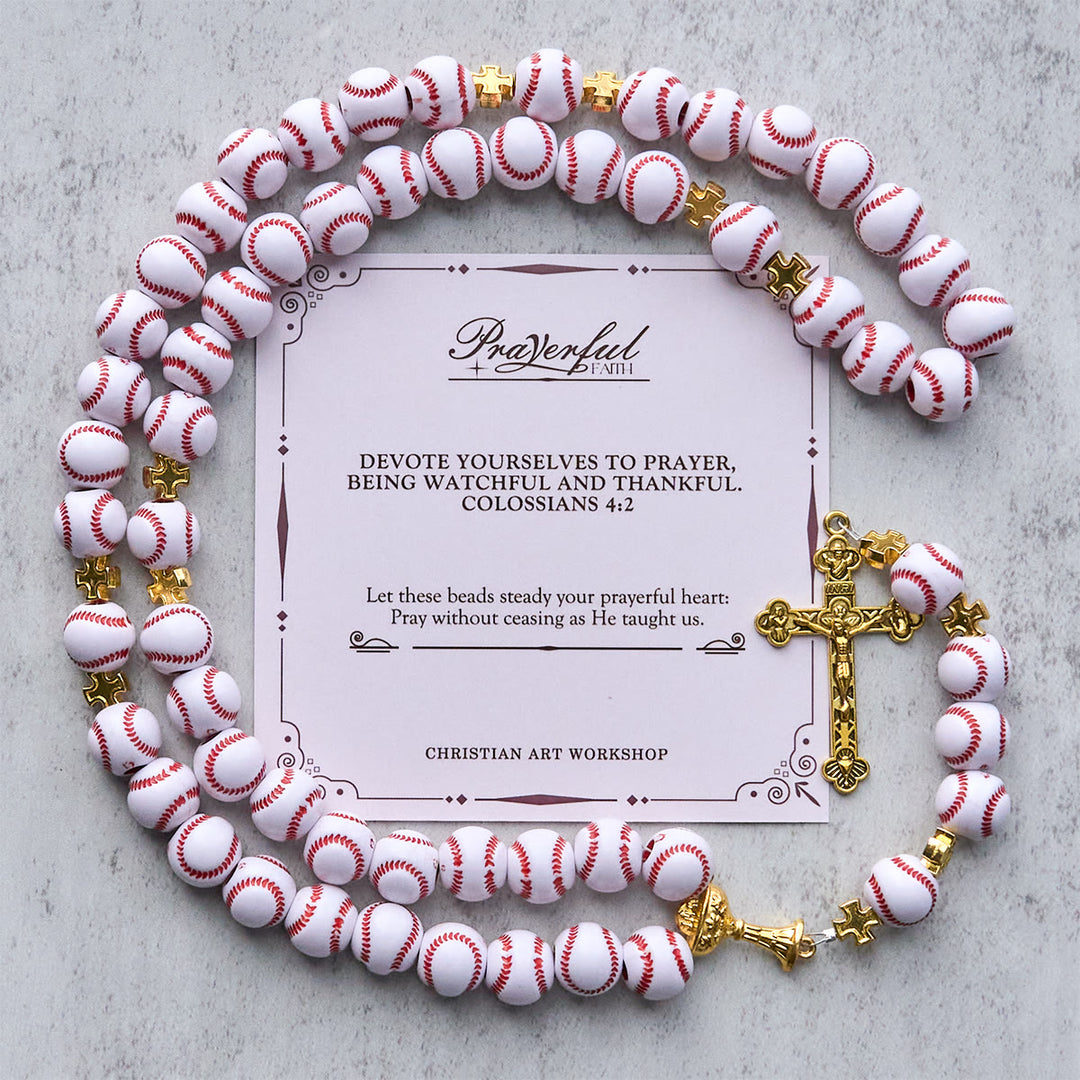 Christianartworkshop FE EN ORACIÓN: Rosario de cuentas de béisbol en miniatura bendecido con cáliz y crucifijo dorados. - FE EN ORACIÓN - image 0
