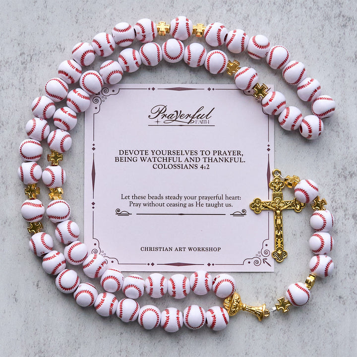 Christianartworkshop FE EN ORACIÓN: Rosario de cuentas de béisbol en miniatura bendecido con cáliz y crucifijo dorados. - FE EN ORACIÓN - image 0