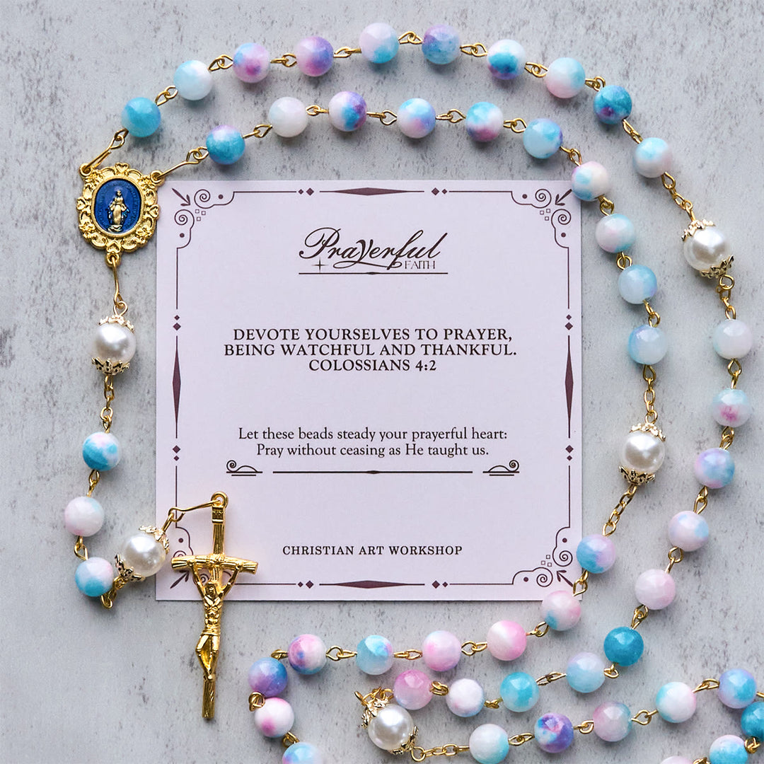 Christianartworkshop FE EN LA ORACIÓN: Rosario floral hecho a mano Gracia Celestial de 8 mm en azul y morado - FE EN ORACIÓN - image 0