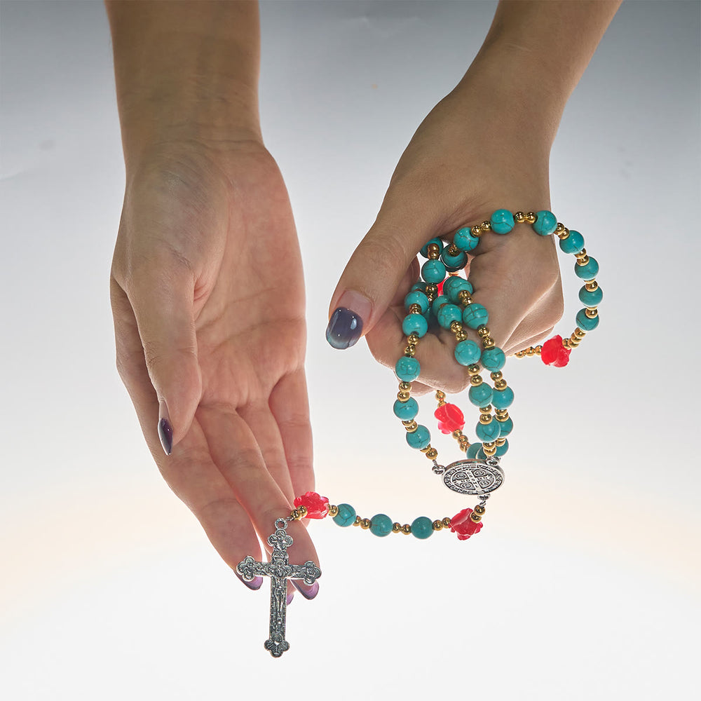 Christianartworkshop Elegante rosario de rosas rojas y azules con cuentas turquesas: bendecido por la Virgen María y San Benito. - image 1