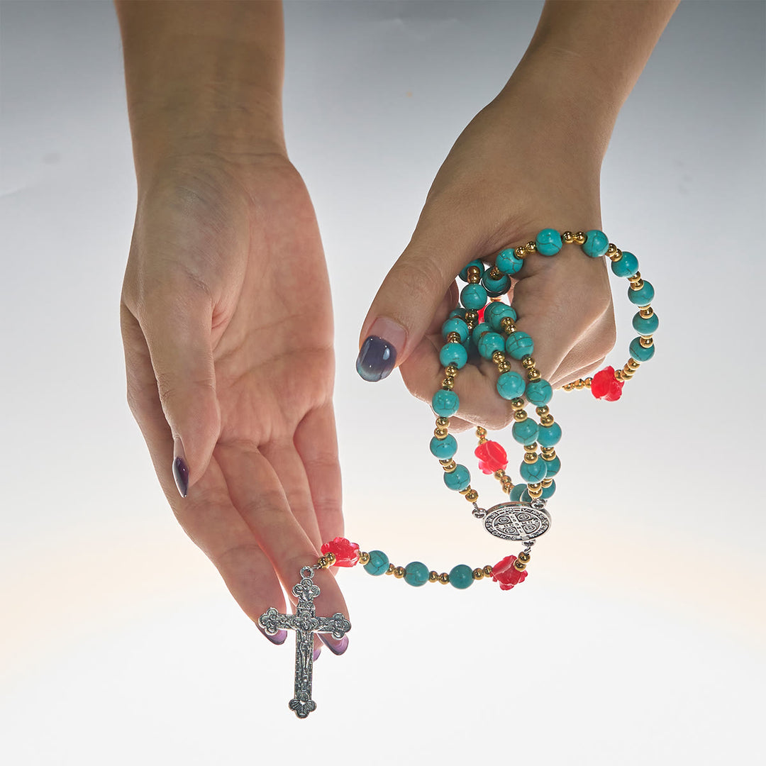 Christianartworkshop Elegante rosario de rosas rojas y azules con cuentas turquesas: bendecido por la Virgen María y San Benito. - image 1