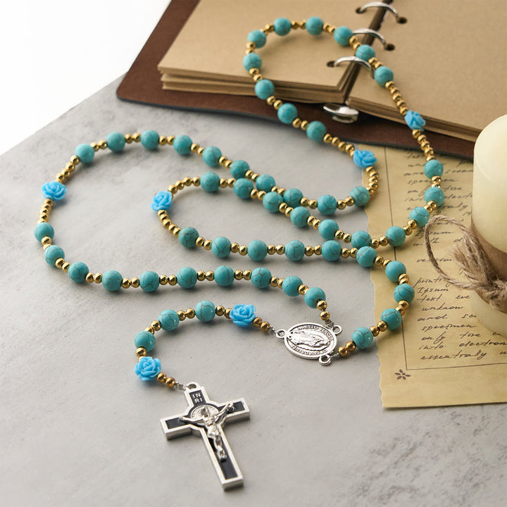Christianartworkshop Elegante rosario de rosas rojas y azules con cuentas turquesas: bendecido por la Virgen María y San Benito. - image 13